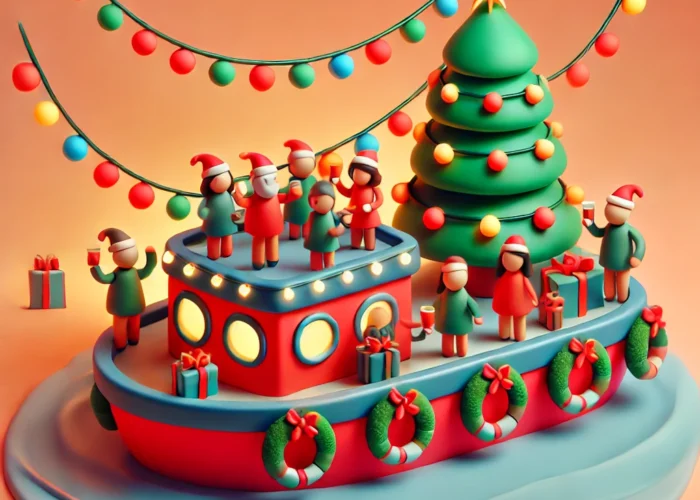 Ilustração 3D estilizada de uma festa de Natal em um barco decorado com luzes e guirlandas, com convidados comemorando em um cenário alegre.