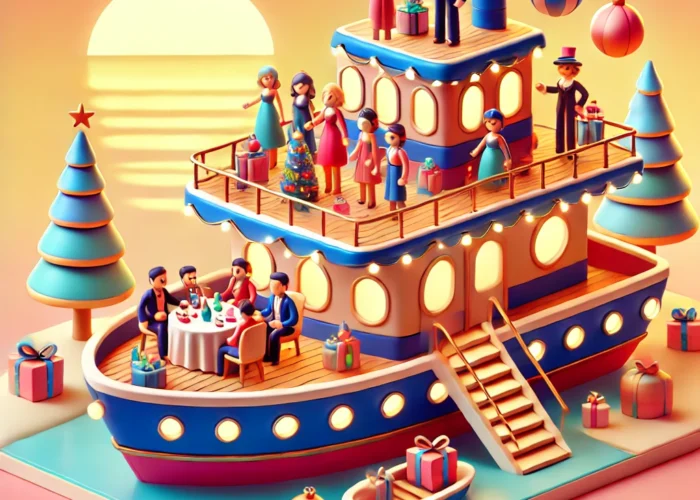 Ilustração 3D vibrante de uma festa de Natal em um barco decorado com luzes e enfeites natalinos em um cenário alegre e estilizado.