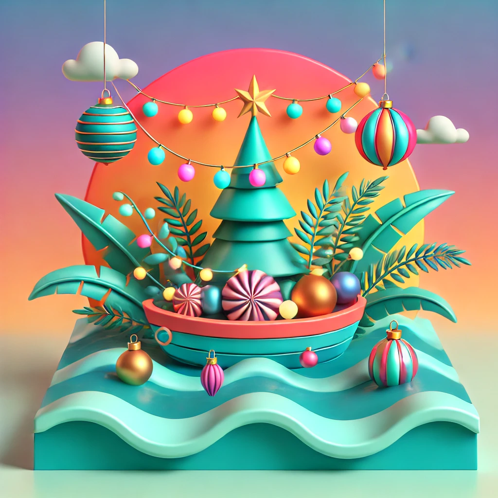 Ilustração em 3D de um barco decorado com luzes de Natal e enfeites tropicais em um mar azul, sob um céu pastel ao pôr do sol.