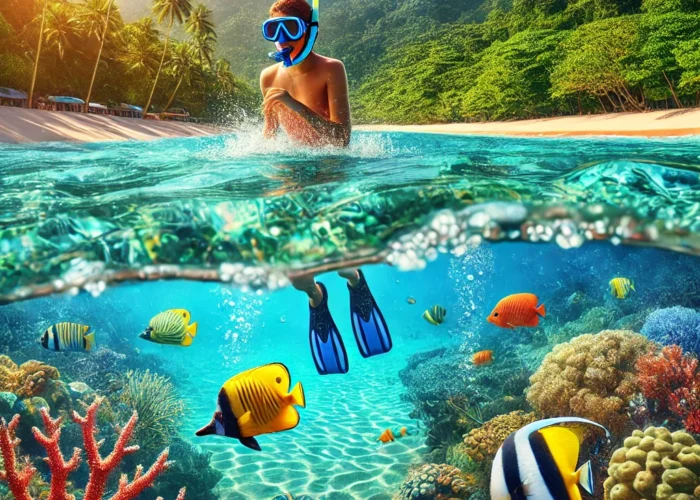 Cena de snorkeling em Paraty com águas cristalinas, corais coloridos e peixes tropicais, cercados por vegetação exuberante e céu ensolarado.