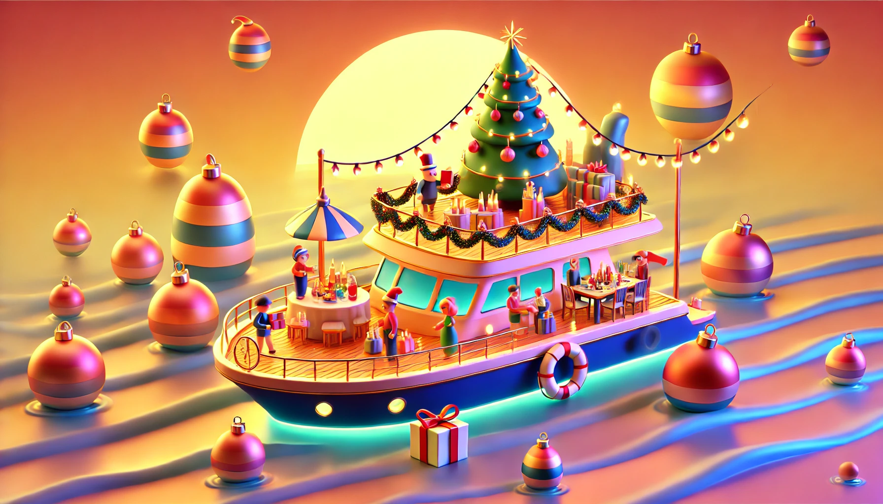 Ilustração 3D vibrante e estilizada de uma celebração de Natal em um barco de luxo, com decoração festiva, luzes e pessoas trocando presentes.