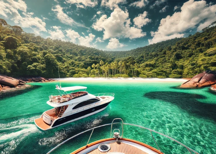 Vista aérea da Praia do Dentista em Angra dos Reis, Brasil, com águas cristalinas, areia branca e um barco ancorado.