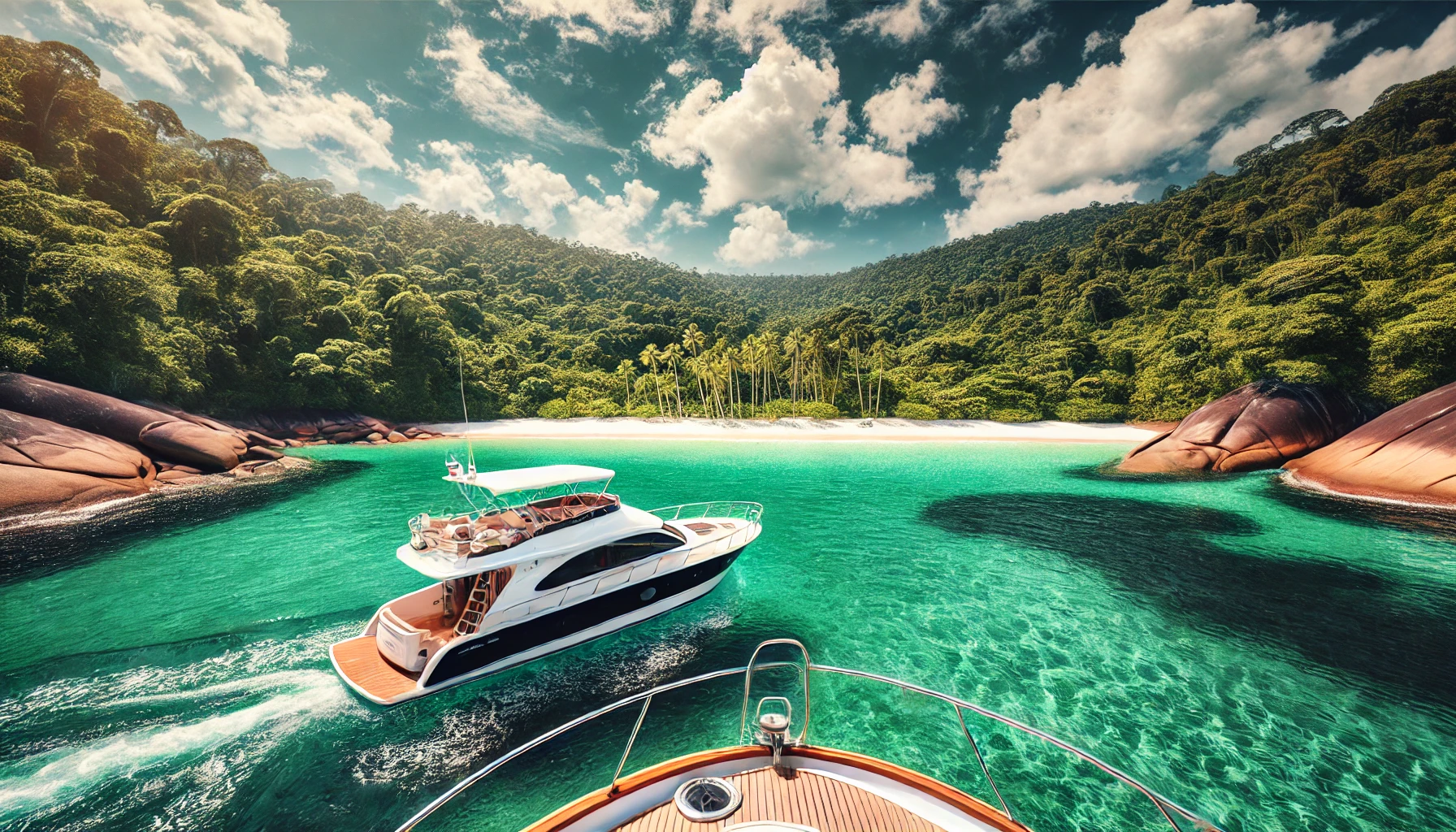 Vista aérea da Praia do Dentista em Angra dos Reis, Brasil, com águas cristalinas, areia branca e um barco ancorado.