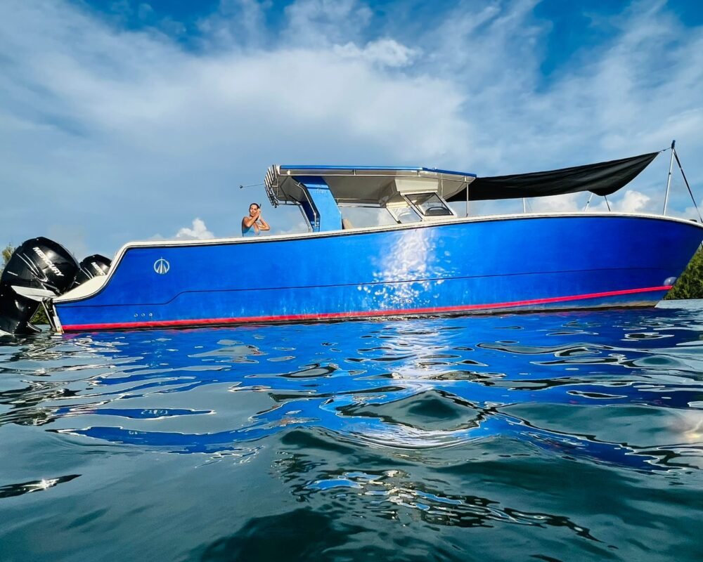 Lancha PowerCat 38' azul navegando em Miami com uma pessoa relaxando a bordo.