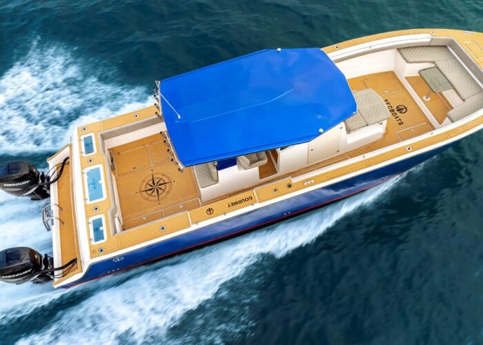 Lancha PowerCat 38' navegando rapidamente sobre as águas, mostrando seus motores potentes.