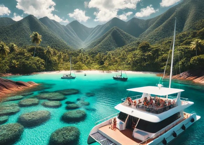 Vista de um catamarã moderno navegando nas águas cristalinas de Ilha Grande, cercado por montanhas verdes e céu azul.