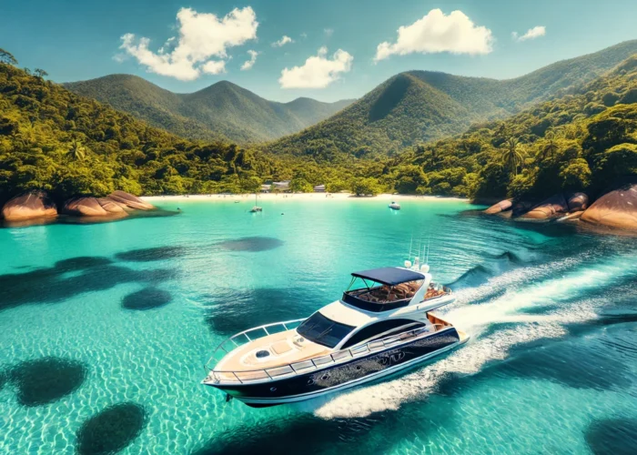 Lancha moderna navegando em águas cristalinas de Ilha Grande, Brasil, cercada por montanhas verdes e céu azul.