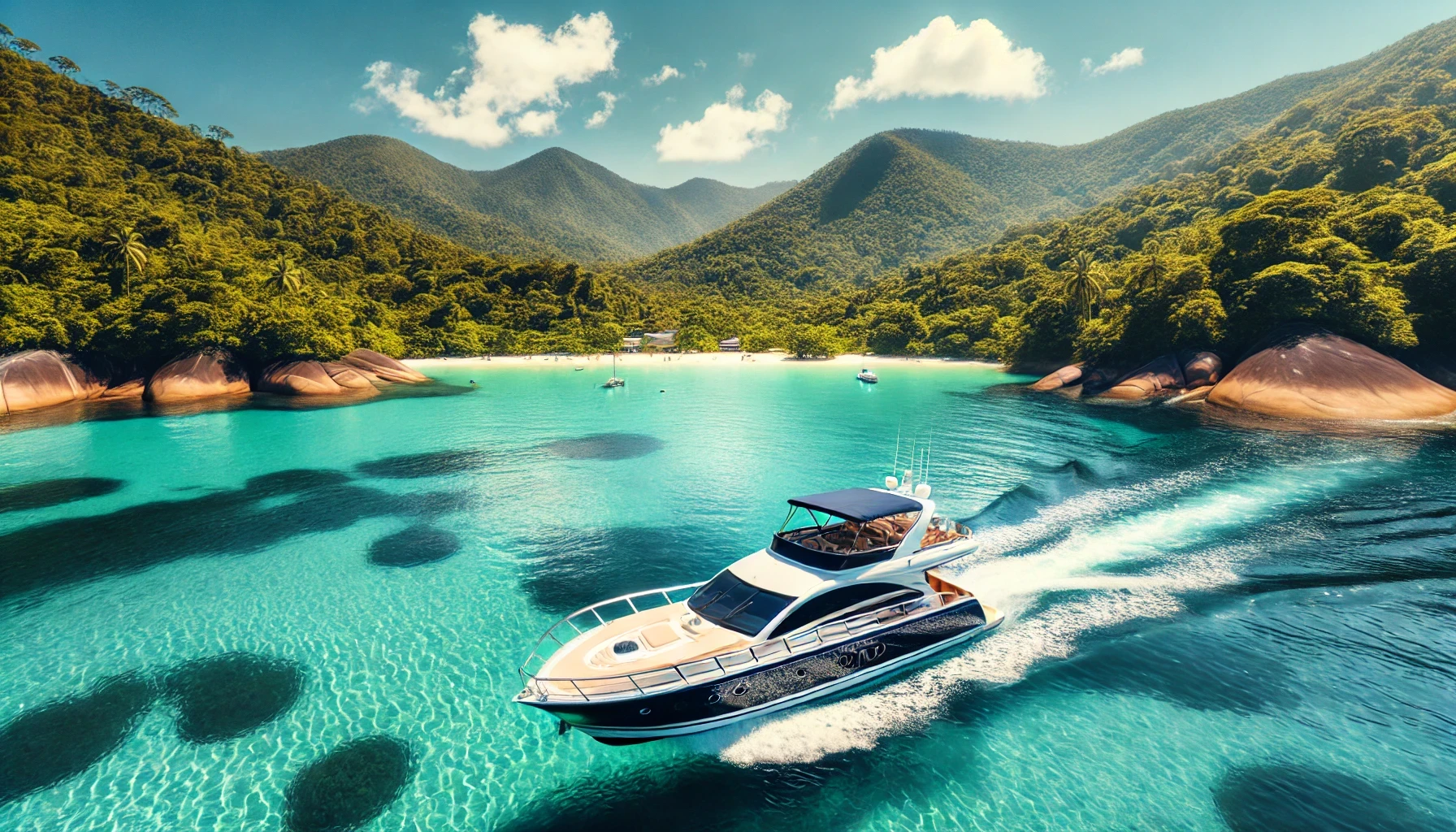 Lancha moderna navegando em águas cristalinas de Ilha Grande, Brasil, cercada por montanhas verdes e céu azul.