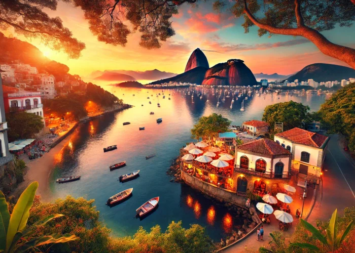 Vista panorâmica da Urca no Rio de Janeiro ao pôr do sol, com o Pão de Açúcar ao fundo, barcos na Baía de Guanabara e pessoas aproveitando a Mureta da Urca.