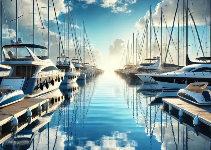 Vista panorâmica de diferentes tipos de barcos em uma marina, incluindo iates, veleiros, catamarãs e lanchas, representando como escolher um barco para passeio.