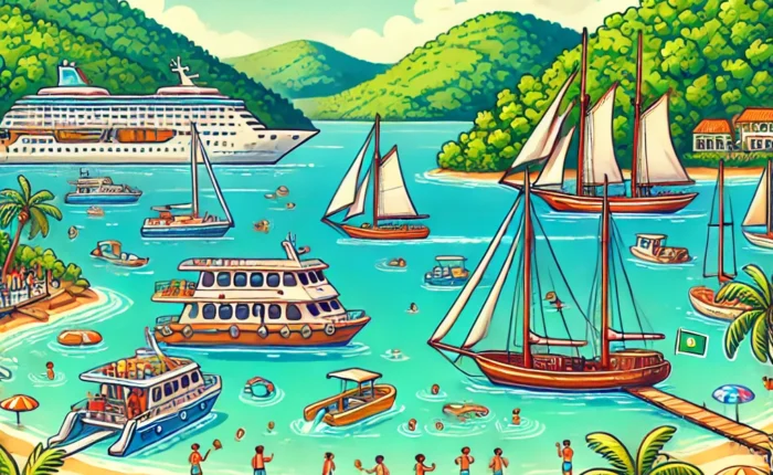 Ilustração cartoonish de Caixa d’Aço com barcos ancorados em águas cristalinas, destacando a melhor época para visitar Caixa d’Aço.