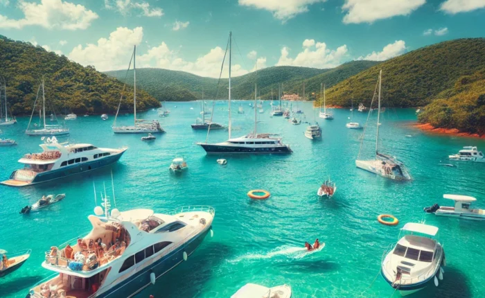 Destino náutico em Caixa d’Aço com barcos ancorados em águas cristalinas e cercado por colinas verdes.