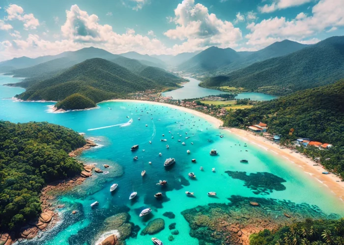 Vista aérea do litoral de Santa Catarina com águas cristalinas, barcos navegando e montanhas verdes ao fundo.