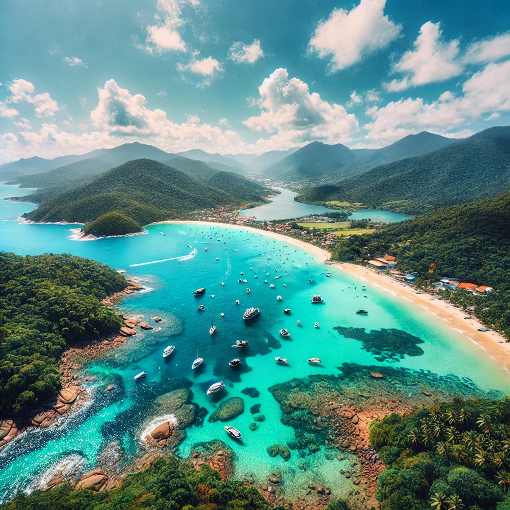 Vista aérea do litoral de Santa Catarina com águas cristalinas, barcos navegando e montanhas verdes ao fundo.