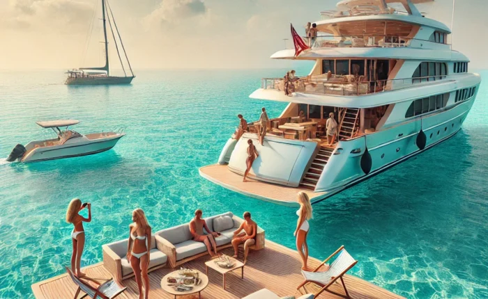 Pessoas aproveitando um passeio de barco em águas cristalinas, relaxando e curtindo o sol, destacando os itens essenciais para passeio de barco.