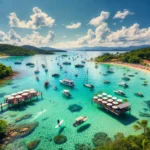 Roteiro de passeio em Caixa d’Aço visto de cima, com barcos ancorados em águas cristalinas e uma bela paisagem verde ao redor.