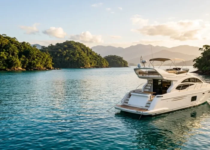 Iate de luxo branco ancorado em baía tropical brasileira com ilhas verdes ao fundo durante o pôr do sol