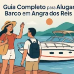Casal prestes a embarcar em uma lancha em Angra dos Reis, com cenário tropical ao fundo