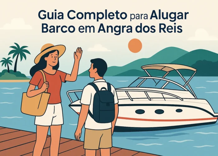 Casal prestes a embarcar em uma lancha em Angra dos Reis, com cenário tropical ao fundo