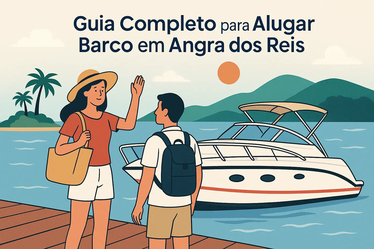 Casal prestes a embarcar em uma lancha em Angra dos Reis, com cenário tropical ao fundo