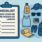 Ilustração com checklist visual dos itens essenciais para levar em um passeio de lancha, como boné, protetor solar e mochila.
