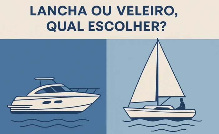Ilustração comparativa entre lancha e veleiro sobre fundo azul minimalista
