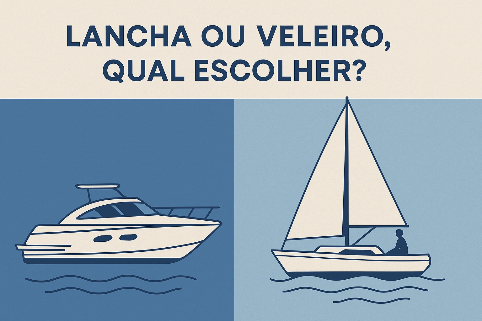 Ilustração comparativa entre lancha e veleiro sobre fundo azul minimalista