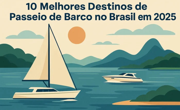 Ilustração de barcos navegando por destinos turísticos no Brasil em 2025, com montanhas ao fundo e sol alaranjado no céu.
