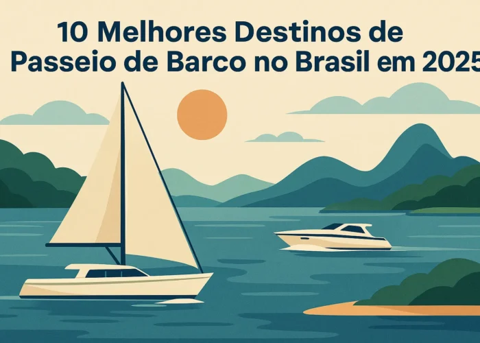 Ilustração de barcos navegando por destinos turísticos no Brasil em 2025, com montanhas ao fundo e sol alaranjado no céu.
