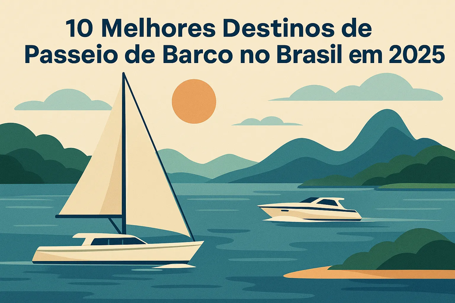 Ilustração de barcos navegando por destinos turísticos no Brasil em 2025, com montanhas ao fundo e sol alaranjado no céu.