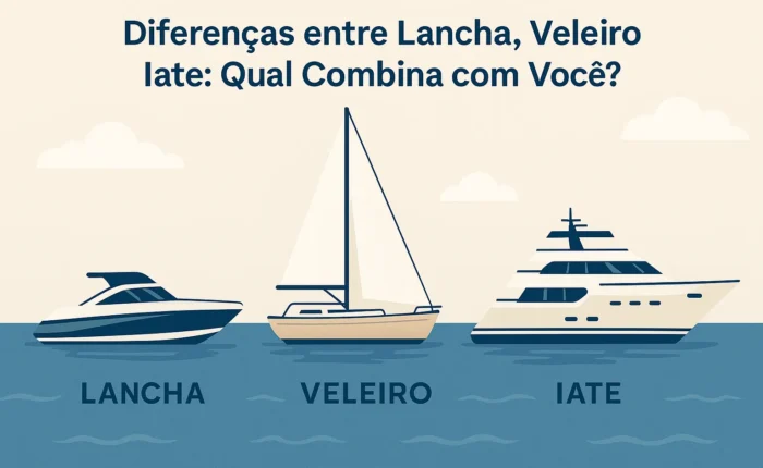 Ilustração comparativa mostrando lancha, veleiro e iate lado a lado sobre o mar calmo, com título em português.