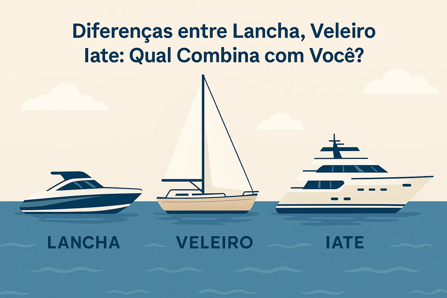 Ilustração comparativa mostrando lancha, veleiro e iate lado a lado sobre o mar calmo, com título em português.