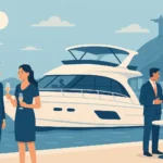 Profissionais em evento corporativo a bordo de iate com vista para o Cristo Redentor no Rio de Janeiro