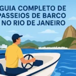 Ilustração de passeio de barco no Rio de Janeiro com o Cristo Redentor e o Pão de Açúcar ao fundo