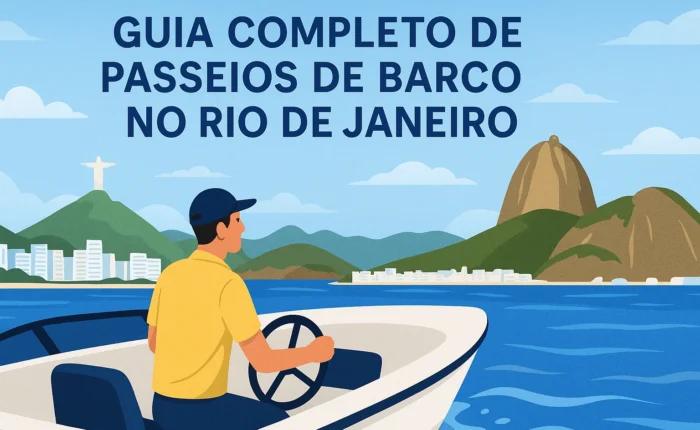 Ilustração de passeio de barco no Rio de Janeiro com o Cristo Redentor e o Pão de Açúcar ao fundo