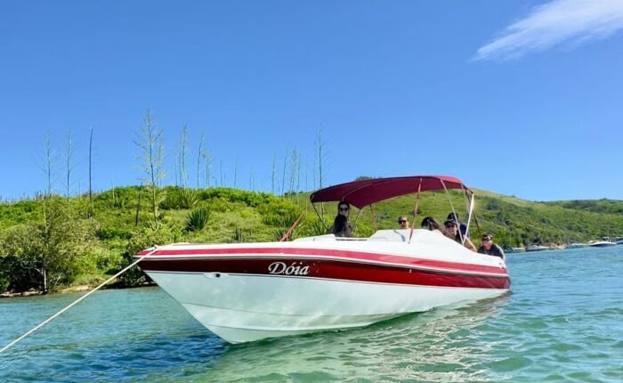 Lancha Real 220 Dóia navegando em Cabo Frio com grupo de passageiros a bordo.