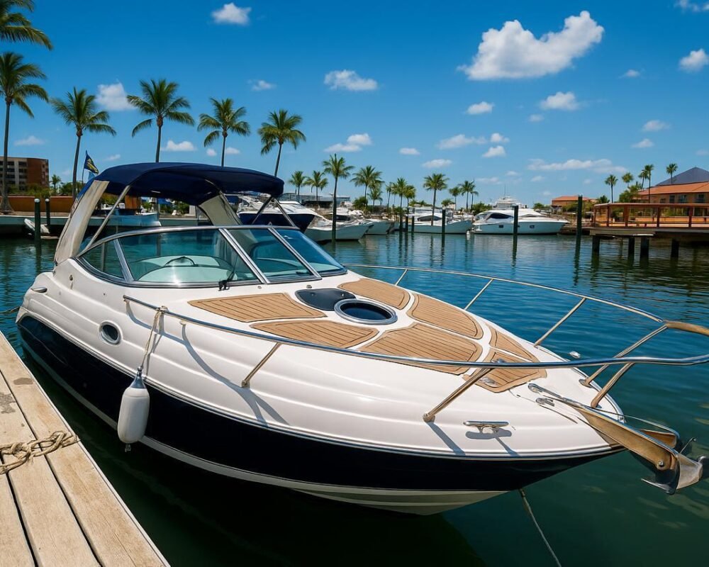 Lancha Focker 255 de 25 pés vista de lado, atracada em marina com água calma ao fundo