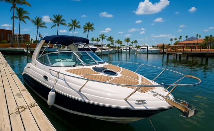 Lancha Focker 255 de 25 pés vista de lado, atracada em marina com água calma ao fundo