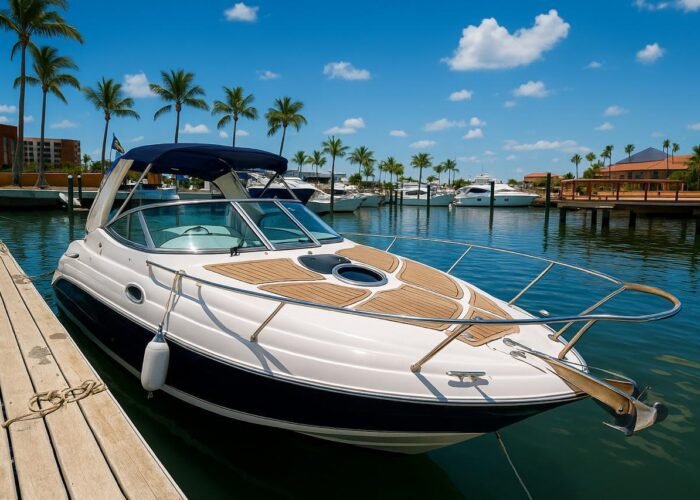 Lancha Focker 255 de 25 pés vista de lado, atracada em marina com água calma ao fundo