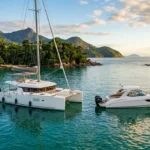 Catamarã e lancha ancorados lado a lado em baía tropical brasileira