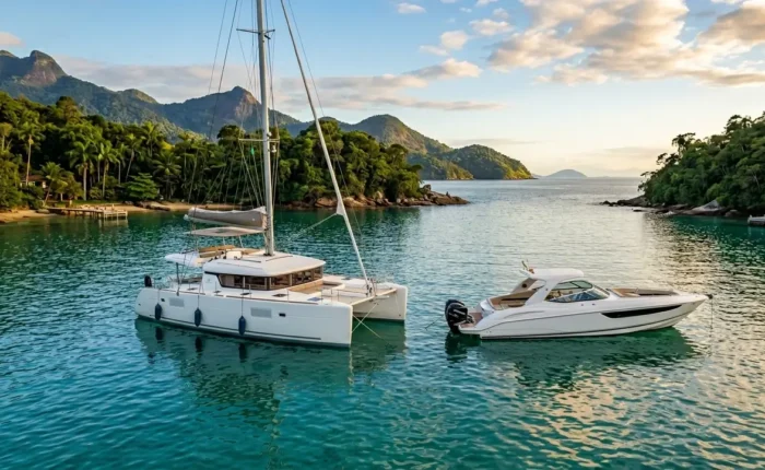 Catamarã e lancha ancorados lado a lado em baía tropical brasileira
