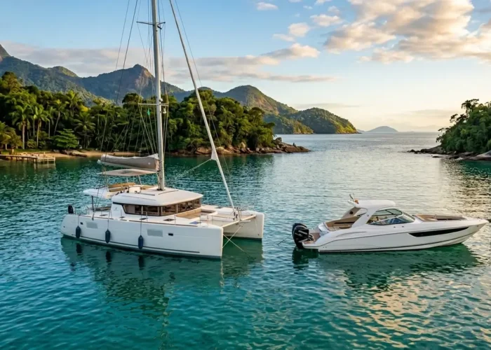 Catamarã e lancha ancorados lado a lado em baía tropical brasileira