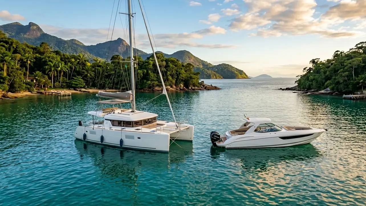 Catamarã e lancha ancorados lado a lado em baía tropical brasileira