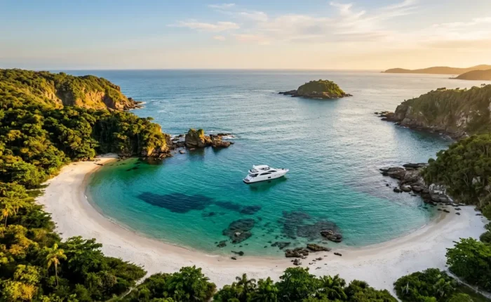 Praia paradisíaca em Búzios vista aérea com água cristalina turquesa e barco ancorado próximo a costão rochoso