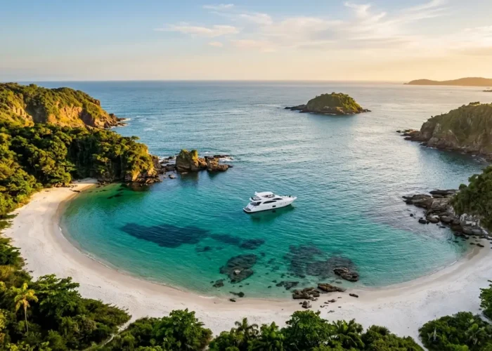 Praia paradisíaca em Búzios vista aérea com água cristalina turquesa e barco ancorado próximo a costão rochoso