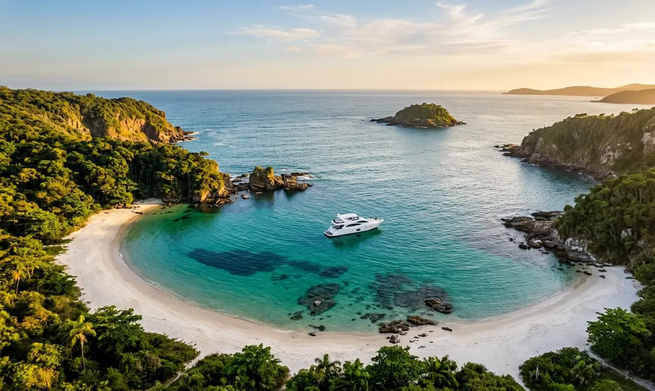Praia paradisíaca em Búzios vista aérea com água cristalina turquesa e barco ancorado próximo a costão rochoso