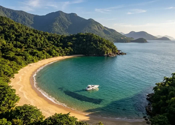 Praia paradisíaca de Ilhabela acessível apenas por barco, com lancha ancorada em águas cristalinas e montanhas cobertas de Mata Atlântica ao fundo
