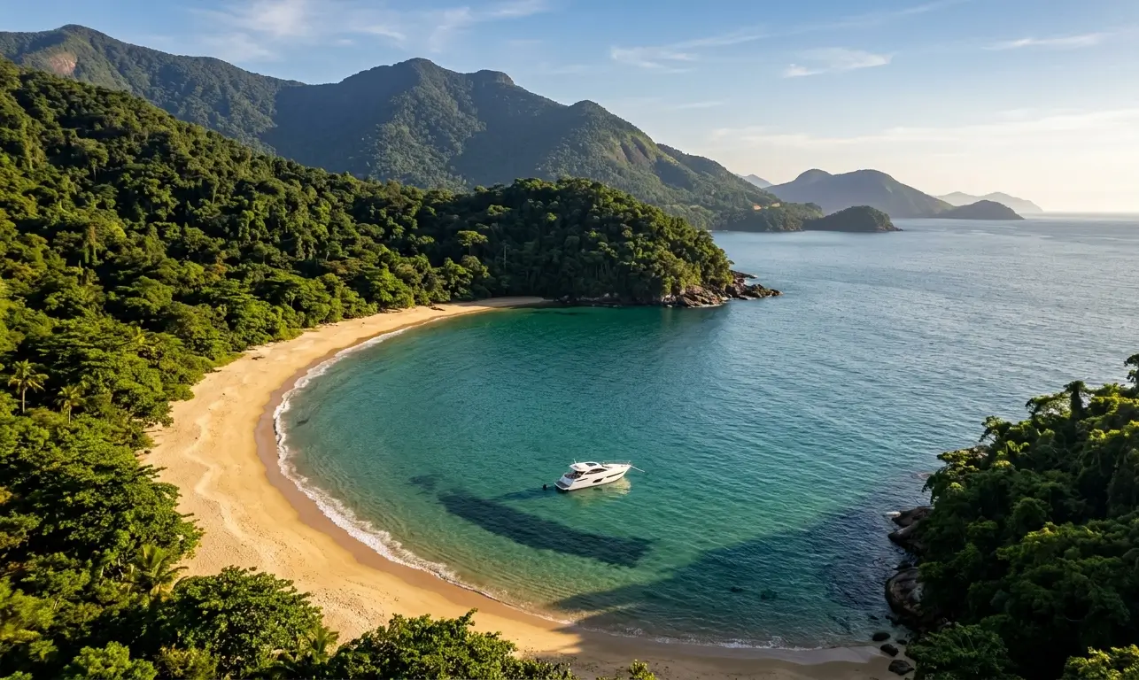 Praia paradisíaca de Ilhabela acessível apenas por barco, com lancha ancorada em águas cristalinas e montanhas cobertas de Mata Atlântica ao fundo