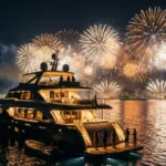 Iate ancorado no mar à noite com queima de fogos de réveillon iluminando o céu ao fundo