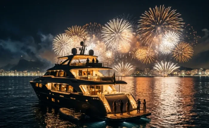 Iate ancorado no mar à noite com queima de fogos de réveillon iluminando o céu ao fundo